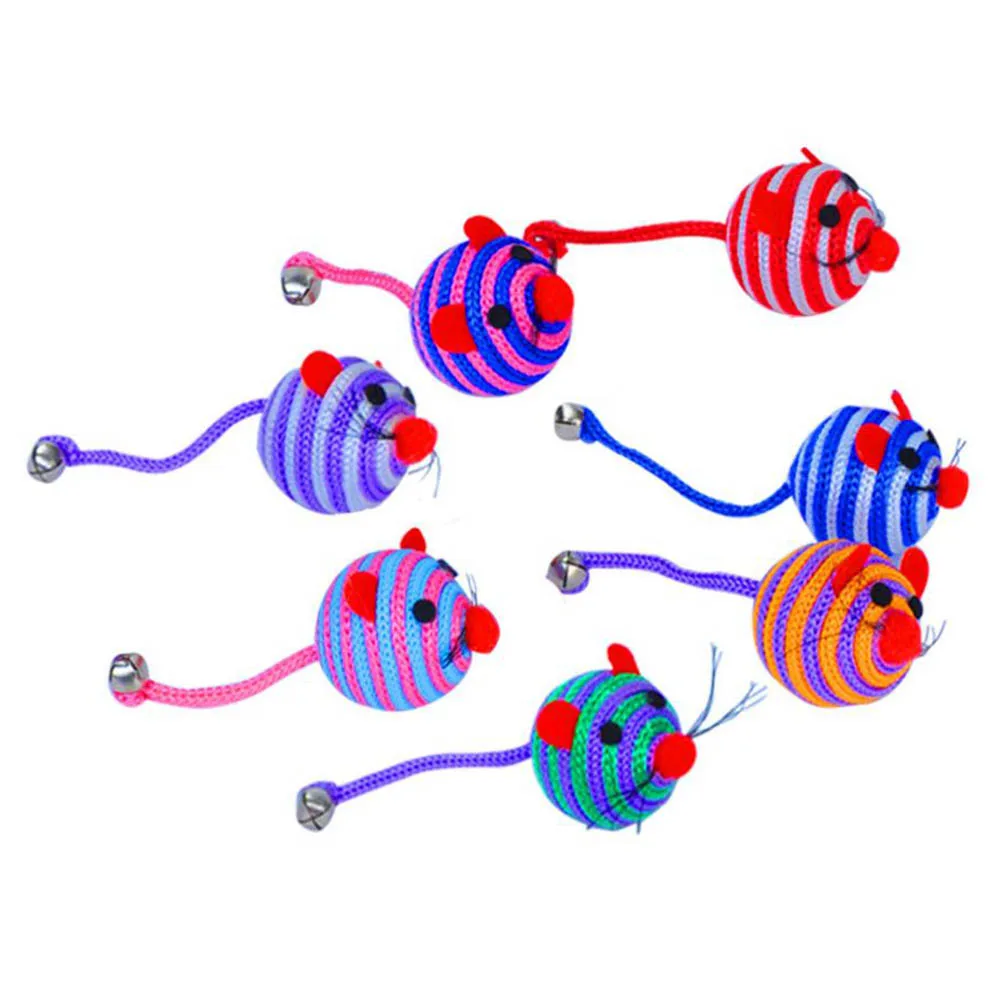 Lovely Stripe Nylon Rope Round Ball Mouse Long Tail Bell Pet Cat Bite Play Toy