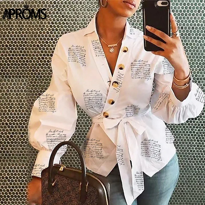 

Aproms Elegant Lantern Sleeve Bow Tie Blouse Women Streetwear Casual V-neck Letter Print Buttons Shirt Christmas Top Spring 2020