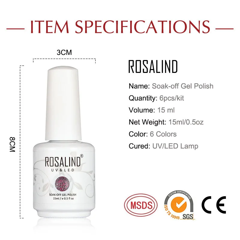 ROSALIND маникюрный набор гель лак для ногтей Гибридный лак для дизайна ногтей поли гель 6 шт/комплект 15 мл гель полуперманентный лак основа и топ