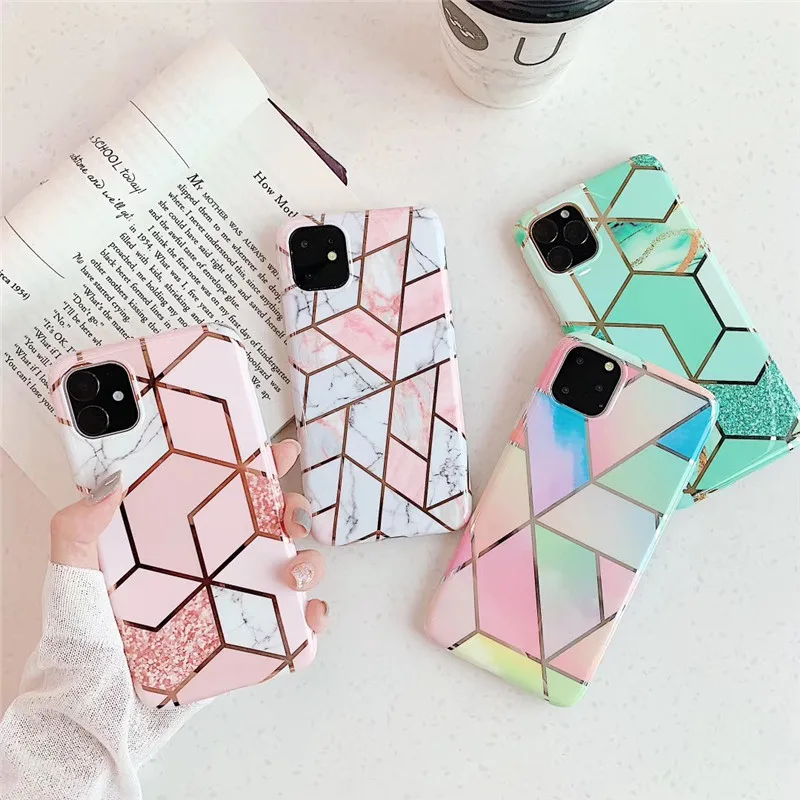 Fashion Geometric Marble Texture Case For iPhone 7 8 6 Plus X XR XS Max 11 Pro soft TPU Cover with hand lanyard reserved hole | Мобильные