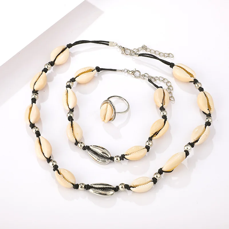 Черная веревка, цепочка, ожерелье, браслет, набор, Boho Seashell, каури, гавайский летний воротник, колье, женское пляжное ювелирное изделие, подарок для девочки