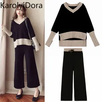 

Suit female temperament of autumn outfit new web celebrity fashion knitting coat wide-legged pants goddess brim two suits