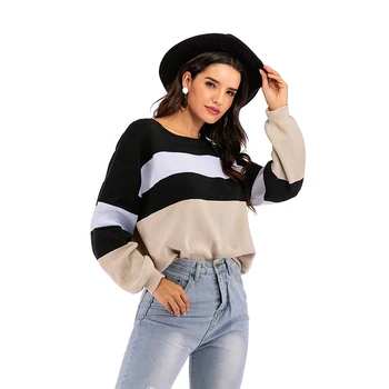 

6215 #2019 Autumn And Winter Crew Neck Loose-Fit WOMEN'S Dress Mixed Colors Casual Long Sleeve Knitted Sweater