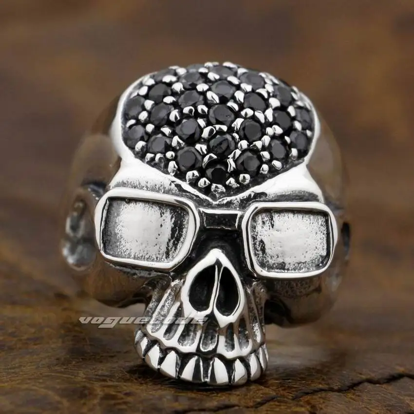 

Black CZ Stones 925 Sterling Silver Pilot Skull Mens Biker Ring 9D003