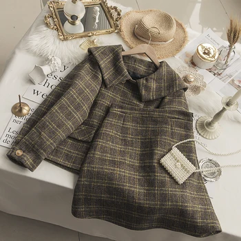 

Woman two-piece plaid set coat with mini skirt female autumn and winter fashion suit elegant office lady clothes jacket women