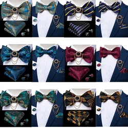 New Design Business Wedding Party Bowtie Men Blue Gold Paisley Silk Bow Tie Pocket Square Brooch Pin Set Butterfly Tie DiBanGu
