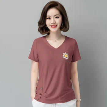 

2020 summer new T-shirt women's short sleeve middle aged mom loose large V-neck top