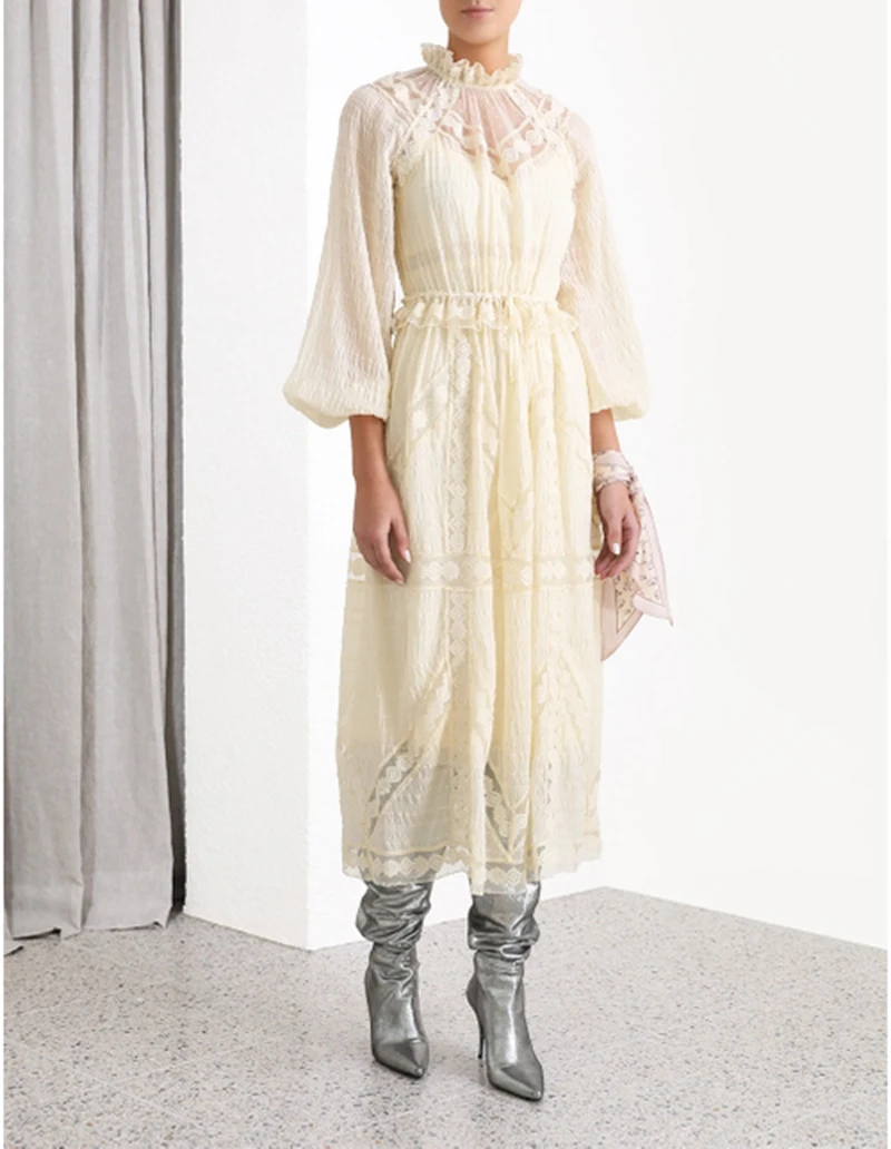 [MENKAY]Hige Neck Lace Pleated Fairy Dress Women Solid Color Sweet Party Solid High Waist Midi Dress