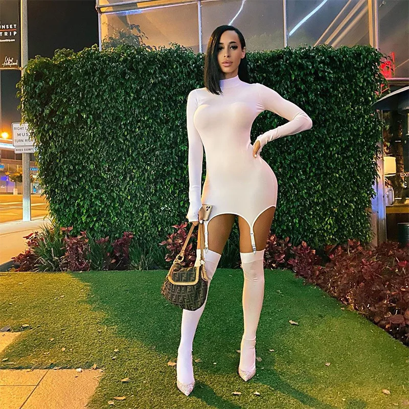 

2Pcs Women Autumn Clothes Set, Solid-Color High-Collar Long-Sleeves Tight-Fitting Skirt + Stockings Outfits for Ladies