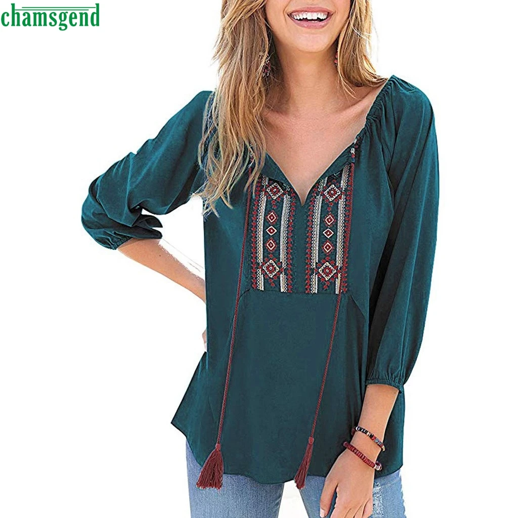 

Chamsgend Women's Embroidered Flower Shirt Bohemian Style Three Quarter Sleeve Blouse Strappy Casual Daily Blusa Bordada NEW