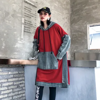 

#0723 Women's Sweatshirt Dresses Plus Size Spliced Denim Sweatshirt Hooded Dresses Pullover Front Pockets Loose Midi Dress Tide