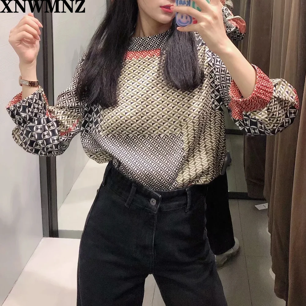 XNWMNZ za 2020 Women printed patchwork top Print High Neck Long Sleeve loose Tops New Fashion Lady Tops Casual Ladies