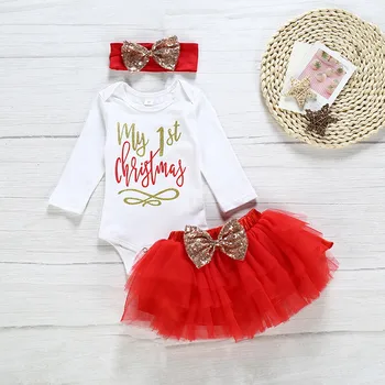 

Baby Kids Girls Christmas Day Romper Tops Tutu skirts Hairband Set newborn girls long sleeve clothes suits infant kids warm set