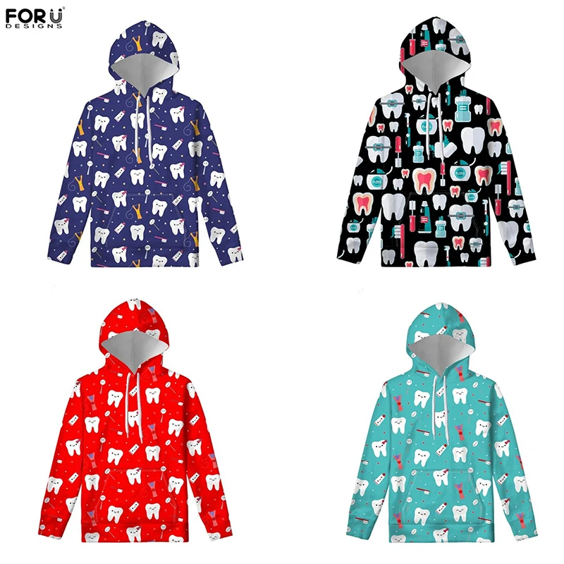 FORUDESIGNS Kawaii Cute Cartoon Teeth Hoodies for Women Hooded Sweatshirt pullover Outwear Winter Warm Fashion Hoody Clothes