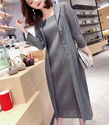 MIYAKE плиссированное платье Новая мода поддельные два больших ретро платья - Цвет: Темно-серый
