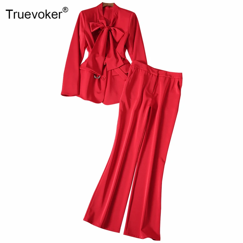 Truevoker, весенний дизайнерский Женский комплект, женский костюм, длинный рукав, бант, воротник, красные блузки с длинными брюками, женские вечерние костюмы-двойки
