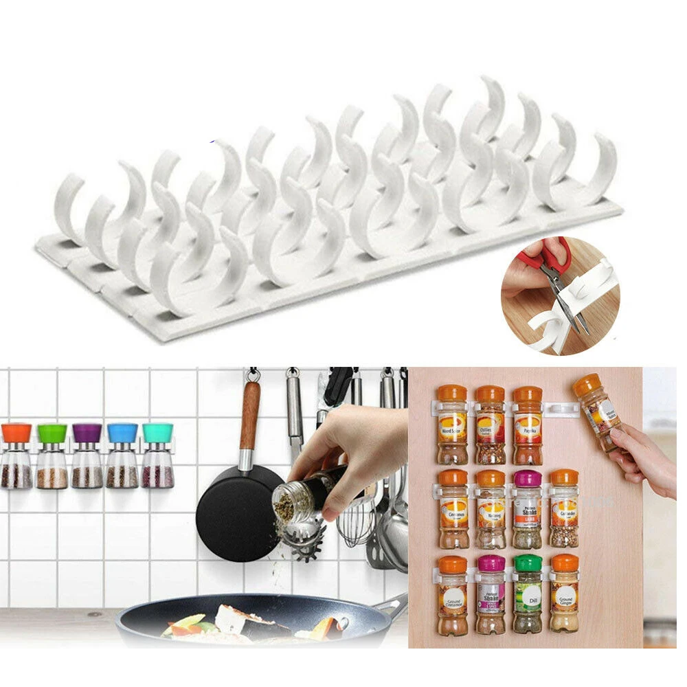 

4 Pcs Kitchen Storage Rack Plastic Hooks Spice Wall Rack No Trace Cuttable Kitchen Cruet Spice Clip Bottleneck Storage Shelf