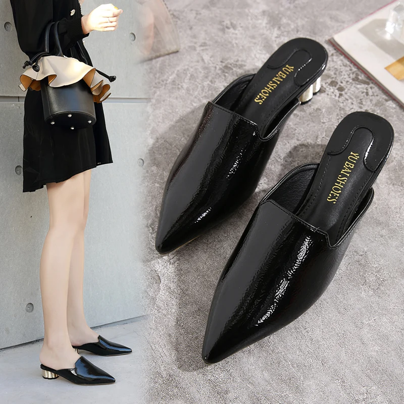 

Flat Shoes Female Pointed Toe Slippers Heels Beige Heeled Sandals Loafers Shallow Slides Fashion Soft High Black Cover Thin