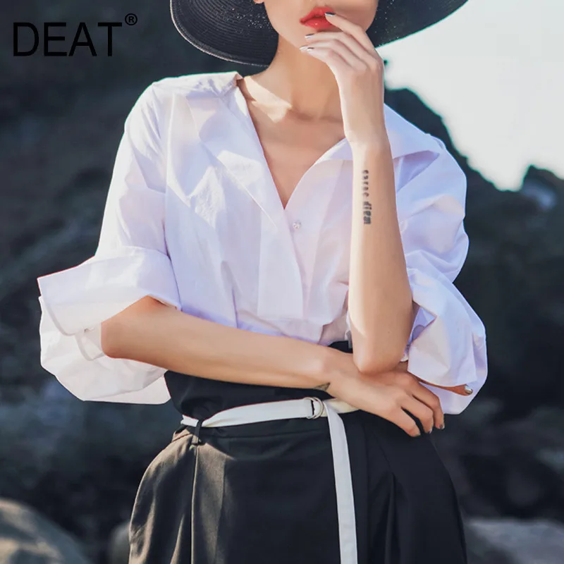 

DEAT Solid Color V-neck Nine-point Sleeve Bat Sleeve Loose Woman Shirt Wild Simple Personality Fashion 2020 spring New TV065