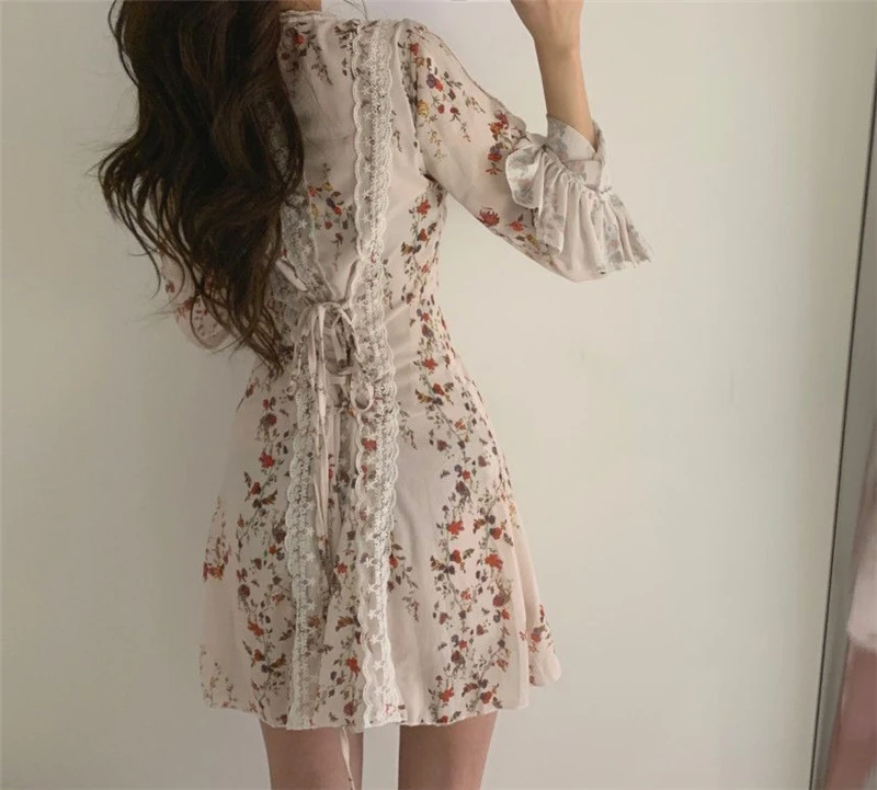 Lace Chiffon Mini Dress Women New Arrivals V-neck Lace Up Slim-fit Floral Print Flared Sleeve Dresses Sweet Sexy Female Spring A