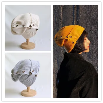 

2019 new wool caps women's autumn and winter acrylic warm knit hat trendy outdoor button design solid color wool hat winter hat