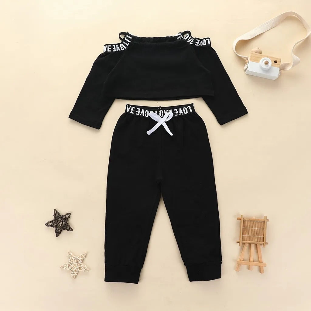

Girls T-Shirts Off Shoulder 2020 Spring Autumn Fashion Letter Print Baby Girl Tops +Pants Shoes Kids Black Clothes Set ropa niÃ±a