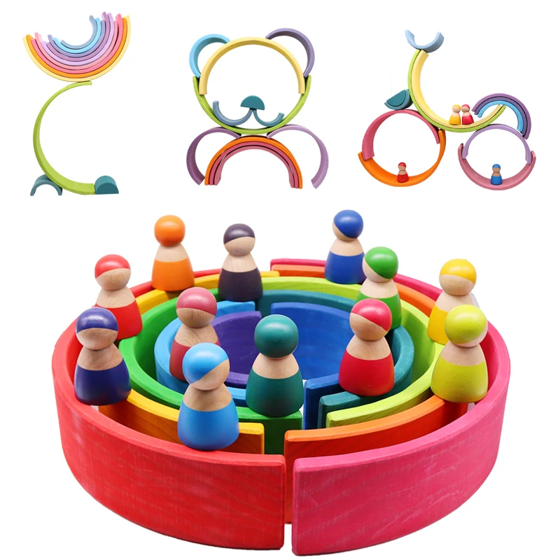 Children DIY Rainbow Wooden Blocks Colorful Large Wood Stack Bricks Rainbow Building Blocks Educational Wooden Toys 3