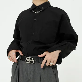 

Men Iron Chain Causal Long Sleeve Loose White Black Shirt Male Japan Korea Streetwear Hip Hop Vintage Fashion Shirts