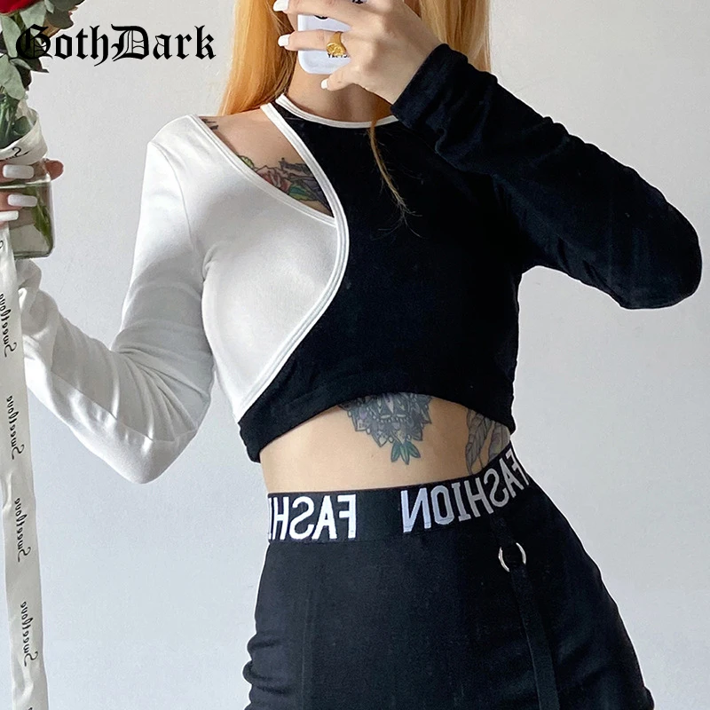 

Goth Dark Fashion Gothic Color Blocking T-shirts long Sleeve Hollow Out Women Crop Tops Patchwork Skinny Autumn Streetwear 2020