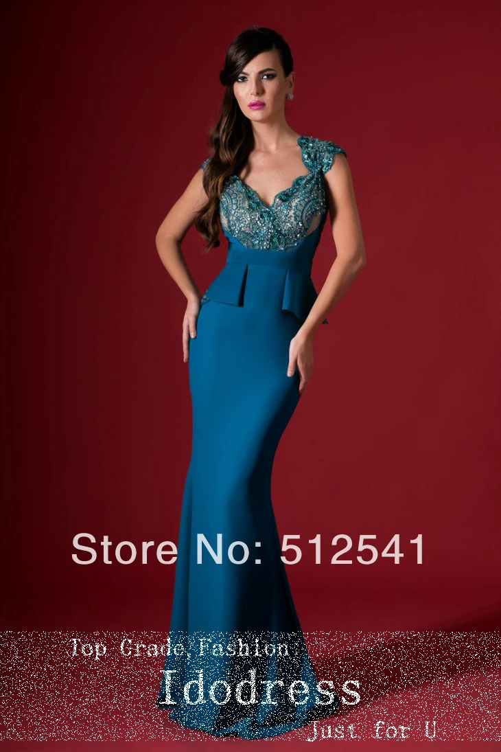 Best Selling Peplum Everning Dresses V Neck Trumpet Mermaid Sequin Lace Cap Sleeve Formal Gowns yk8R936