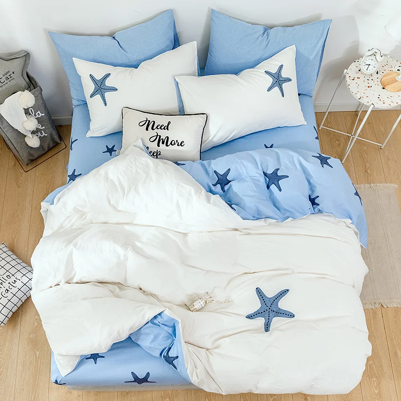 Washed Cotton Brief Style 4pcs Embroidery Cotton Duvet Cover Pillowcase Bed Sheet 4 Pieces Soft Home Bedding Set Blue Stars