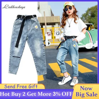 

Baby Girls Jeans Spring Kids Flower Embroidery Jeans Baby High Quality Casual Jeans Girls Stylish Elastic Waist Printing Jeans