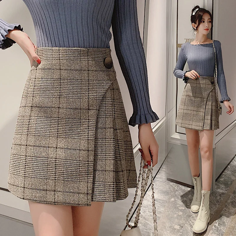 Faldas mujer moda, юбка с высокой талией для женщин, трапециевидная, на пуговицах, в клетку, официальная, Корейская, юбки для женщин, harajuku, Зимняя юбка, 7798 50
