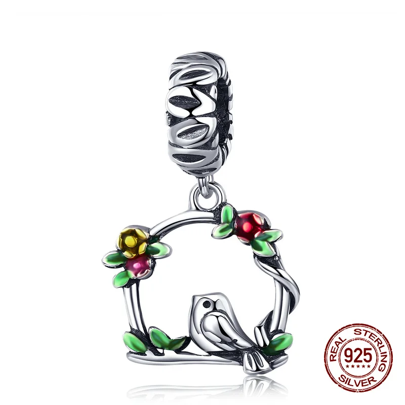925 пробы серебристый в форме сердца эмаль цветы маленькие бусины в форме птиц, подходят к оригиналу Pandora, браслет кулон ювелирные изделия подарок DIY - Color: s645