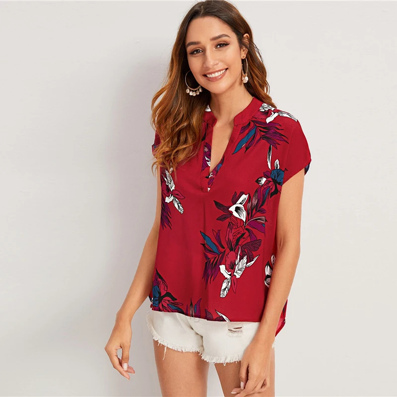 SHEIN желтый v-образный вырез цветочный принт зубчатый блузки женские топы и блузки летние повседневные с коротким рукавом Boho Блузка Женская Топ
