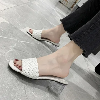 

Women Slides Brand Sexy Outside Dress Clear High Heel Slippers 6cm White Weave Leather Designers Beach Casual Shoes Woman