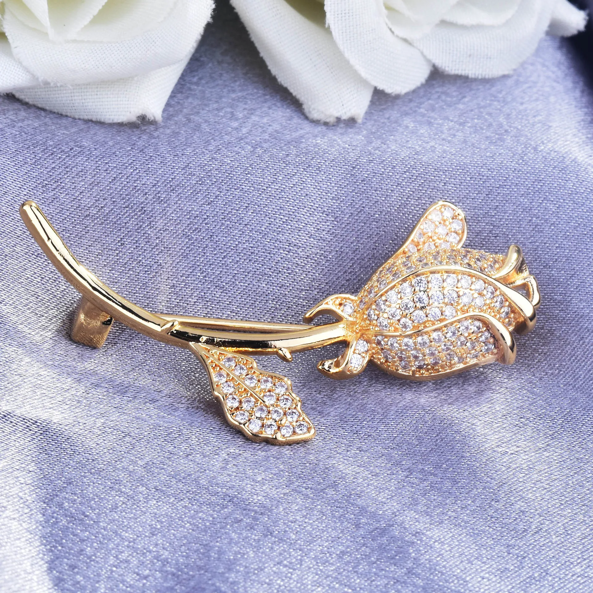 Rose Flower 14k Gold Brooches Bouquet for Women Tulip Fine Pin Elegant  Wedding Party Rhinestone Brooch Luxury Bride Jewelry Gift