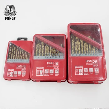 

FGHGF 13/19/25PCS 1.0~13mm HSS Titanium Coated Drill Bit Set For Metal Woodworking Drilling Power Tools Accessories In Iron Box