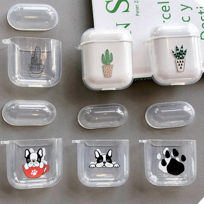 

Cute Dog Puppy Bulldog Clear Soft TPU Case for Apple Airpods 1 2 Green Potted Plants Cactus Wireless Earphone Headphone Cover