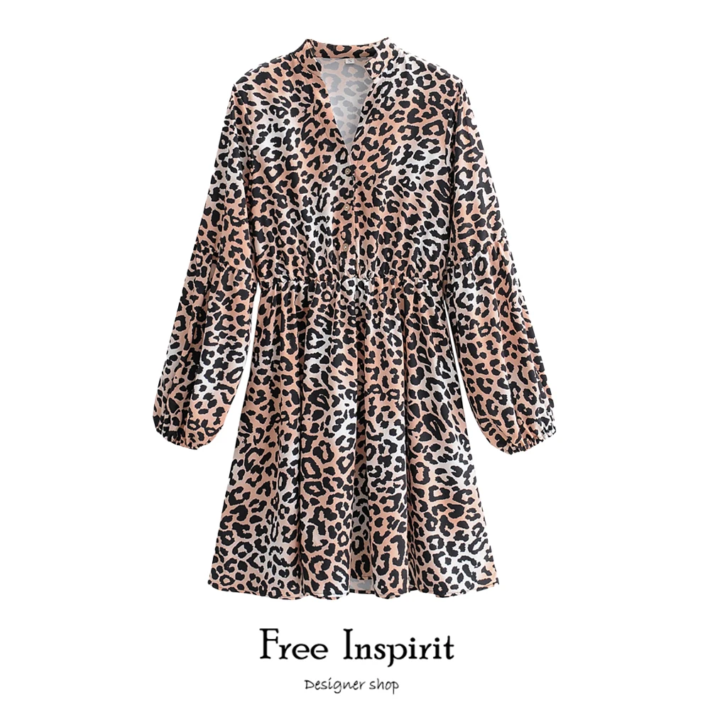 

Free Inspirit New Arrival Sexy Club Style A-line Long Sleeve V-neck Leopard Women's Above Knee Dress