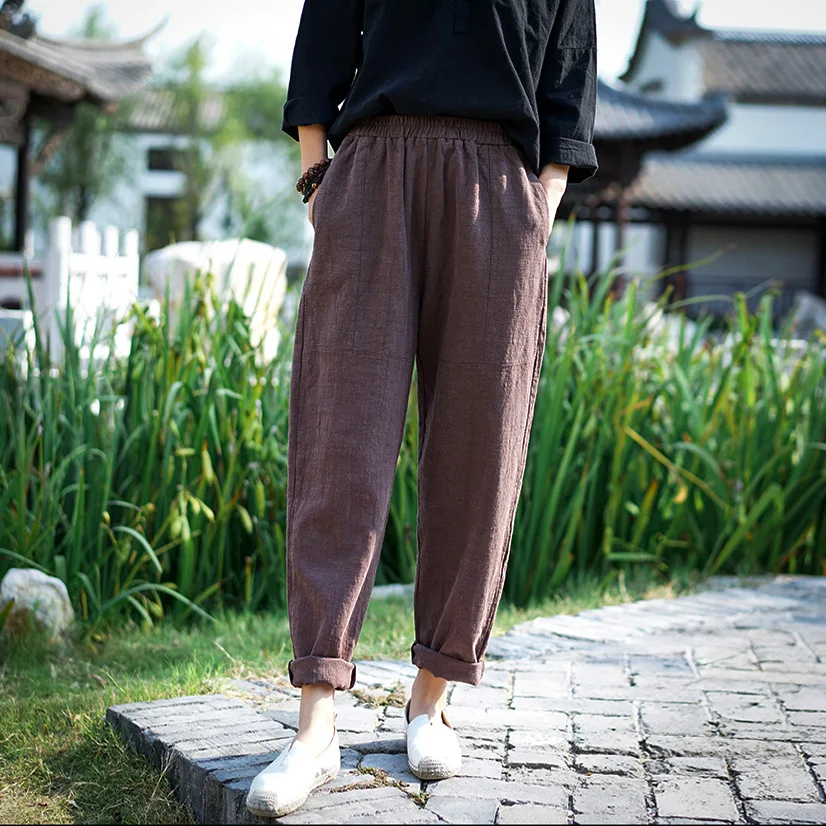 Women Cotton Linen Elastic Waist Solid Color Pants Ladies Loose Cotton