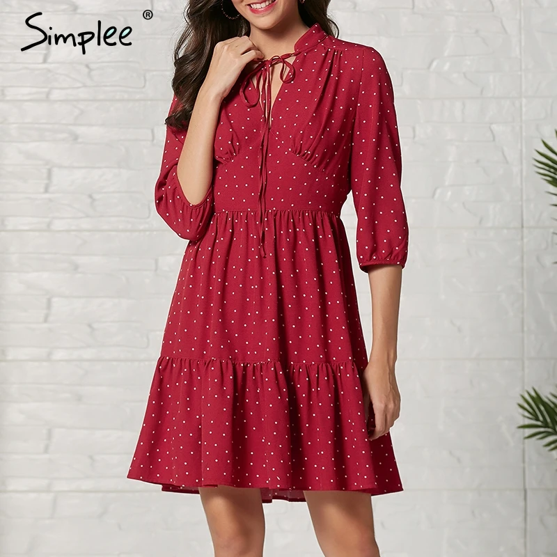 

Simplee Elegant v-neck women autumn dress Standing collar polka dot print lace up ladies midi dress Holiday style print vestido