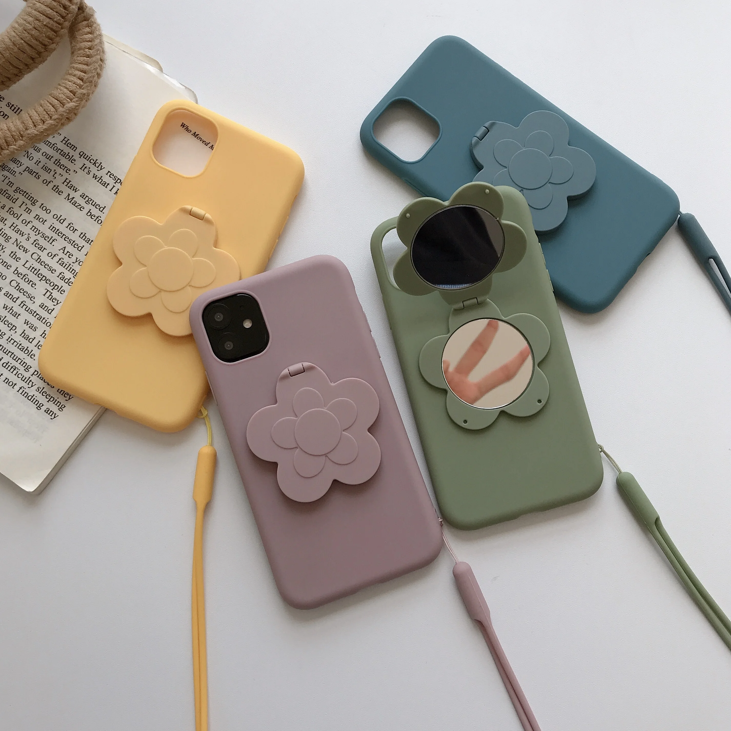 

iPhone 11 Pro Max XR XS Max 6 6s 7 8 Plus X Silicone Phone Case Flower Mirror Wrist Lanyard Stand Cute Candy Soft TPU Back Cover