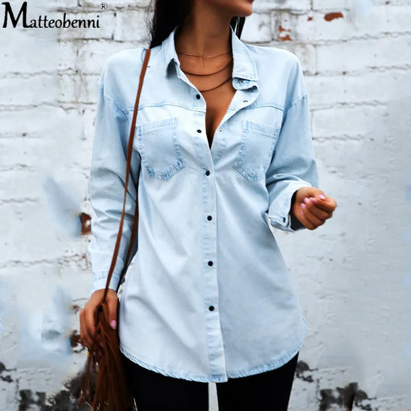 

Autumn Women 2020 Fashion Button Denim Shirt Vintage Jeans Shirt Pocket Blouses Casual Long Sleeve Ladies Tops Blouse Streetwear