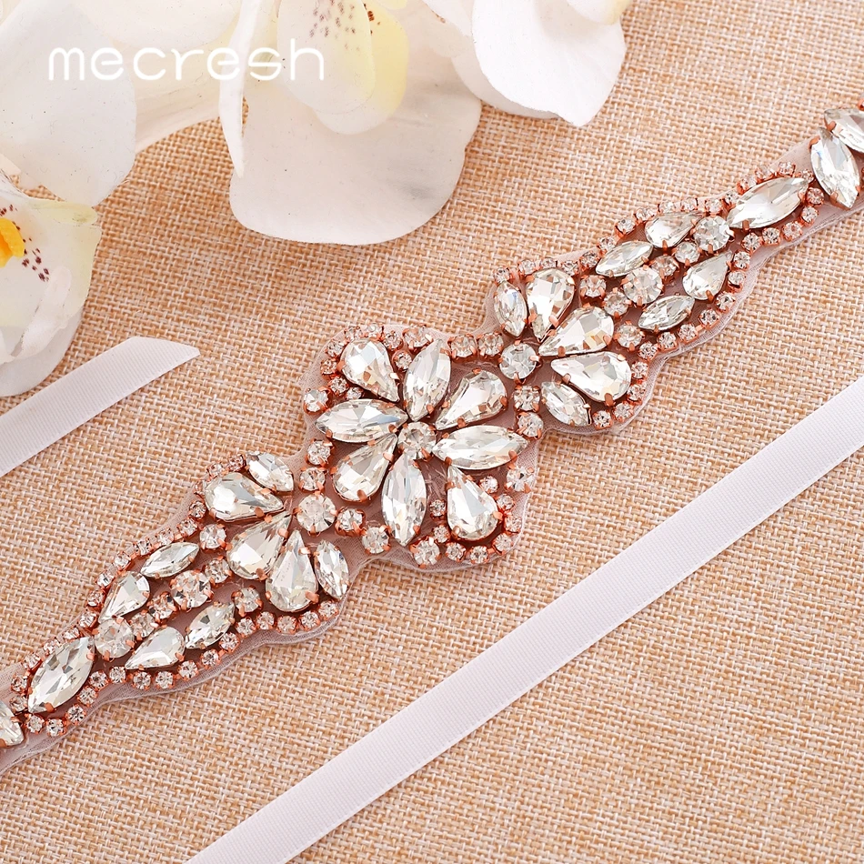 Mecresh Rose Gold Wedding Dress Belt Rhinestone Belt Bridal Accessories Women Crystal Flower Ivory Pink Belt Sash 270CM MYD035