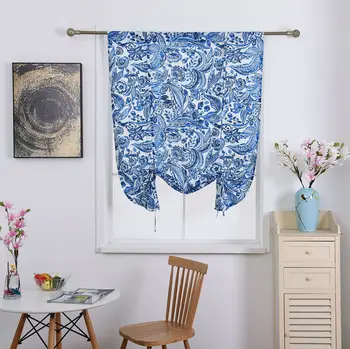 

Blue Printed Curtains Japan Style Window Drapes Cotton Linen Kitchen Curtain Country Style Window Decor Kids Bedroom