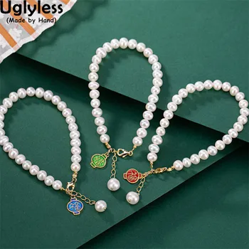 

Uglyless Enamel Lantern Charms China Chic Pearls Bracelets for Women 100% Freshwater Pearls Fashion Dress Jewelry 925 Silver