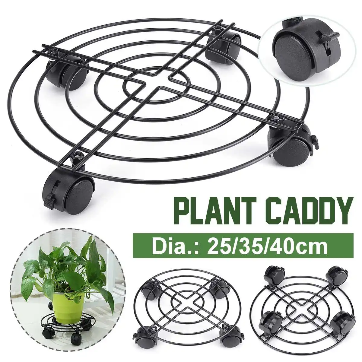 Black 3 Sizes Metal Round Flower Plant Pot Tray 4 Wheels Heavy Planter