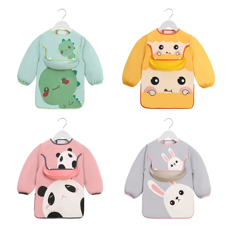 Bavoir Tablier Manches Longues Bavoirs Manches Longues QOWUXHZ - 2 Pièces Imperméables Dinosaure Et Ours Pour Bébé 0-24 Mois Protection Vêtements Enfant