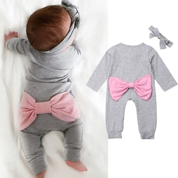 

0-18M Newborn Baby Girl Long Sleeve Back Bowknot Romper Jumpsuit Playsuit Headband 2PCS Outfits Baby Clothes